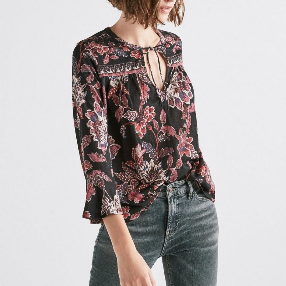 Lucky Brand Border Print Top 1X Black Pink Floral Bell‎ Sleeve Boho Gardengirl